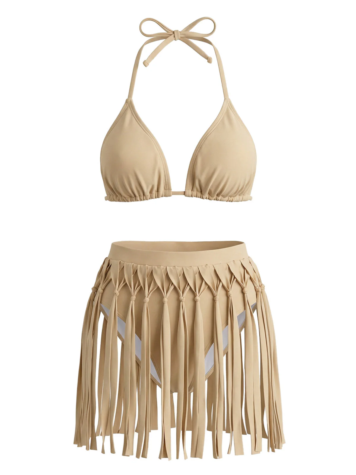 Ensemble bikini dos nu kaki patchwork franges années 70 - Image 2
