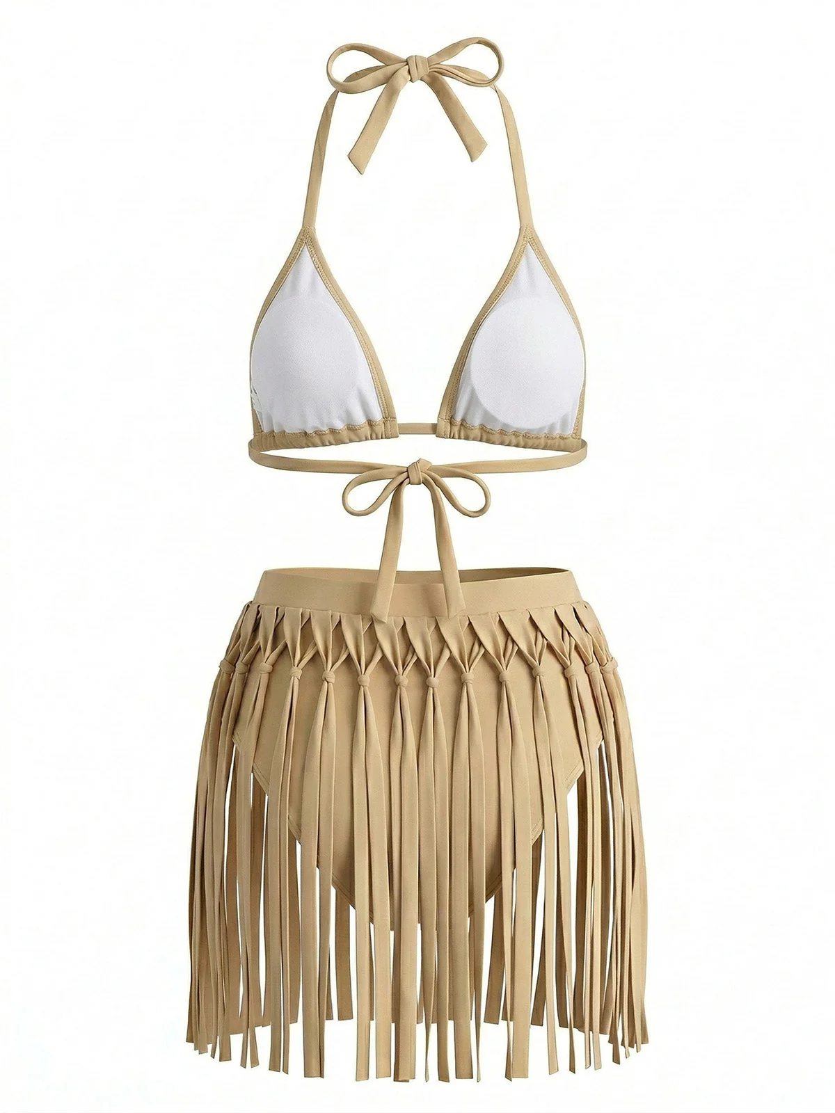 Ensemble bikini dos nu kaki patchwork franges années 70 - Image 3