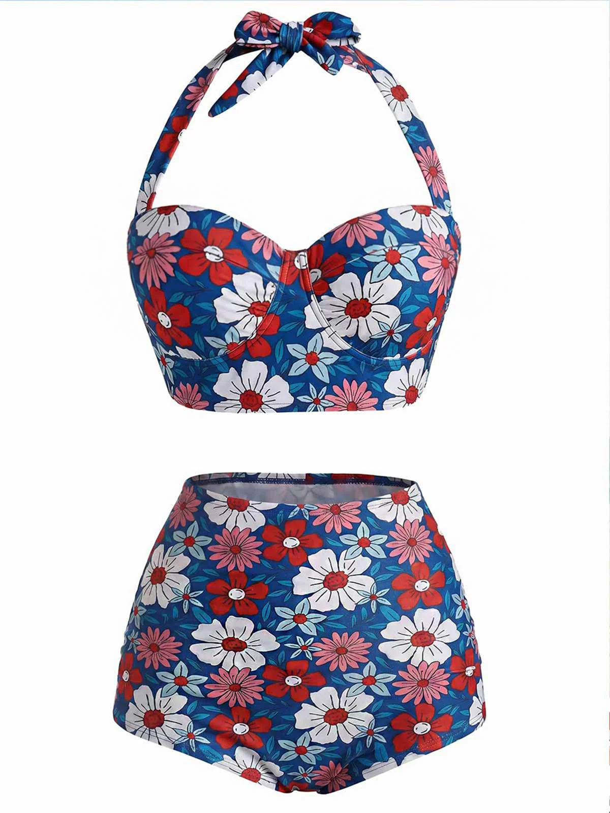 Ensemble bikini dos nu motif floral rouge bleu et blanc années 1950