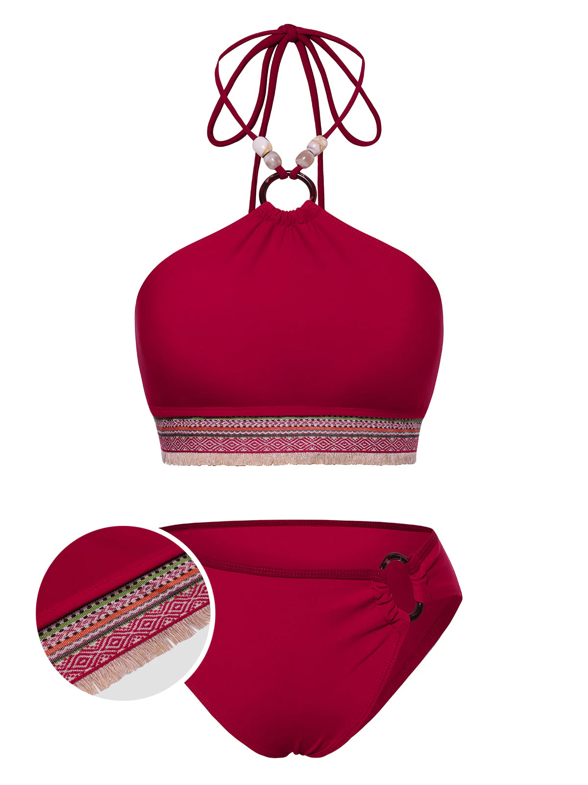 Ensemble bikini dos nu rouge style princesse avec perles des années 1970 - Image 3