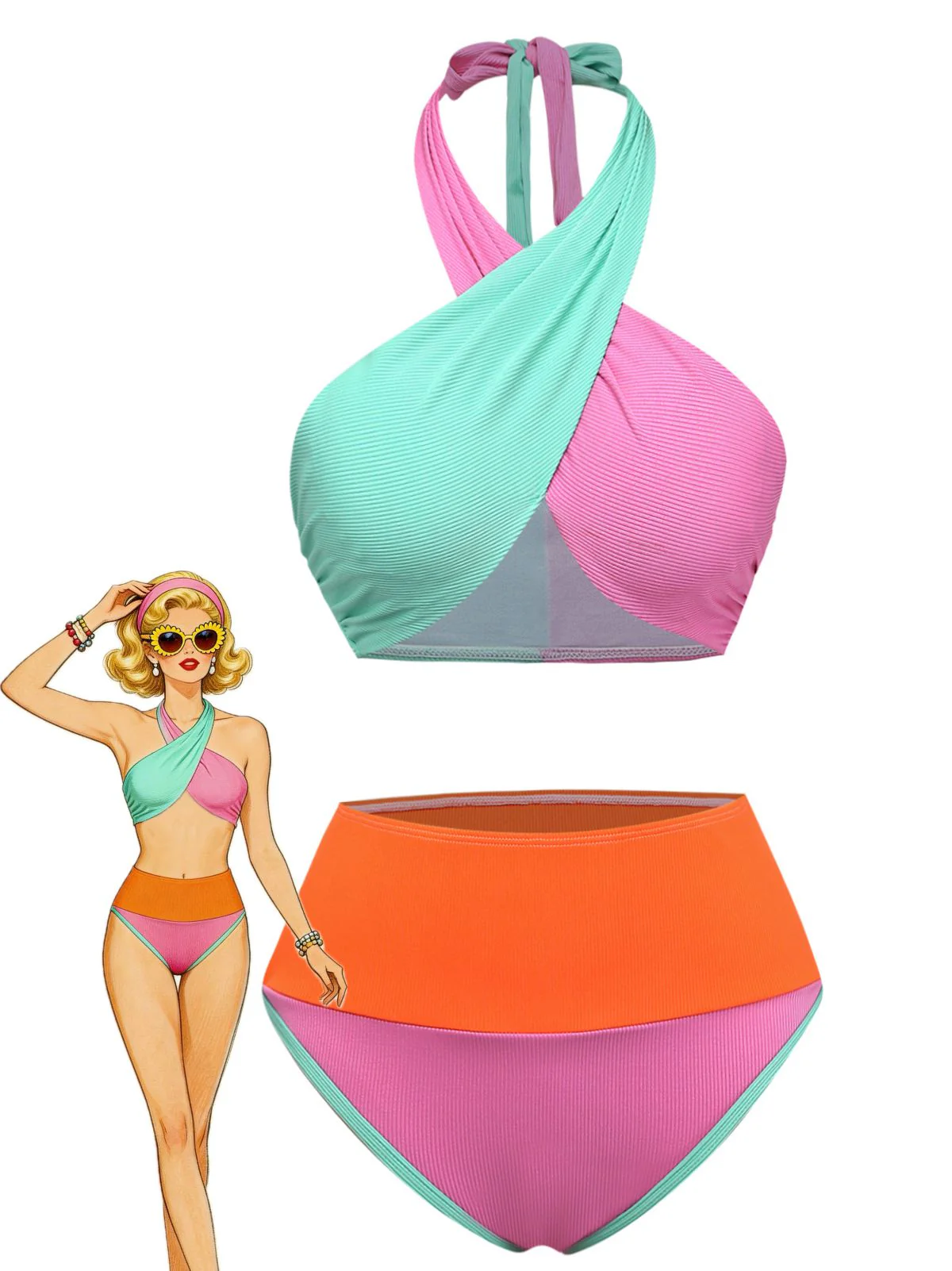 Ensemble bikini dos nu taille haute blocs couleurs 1940s