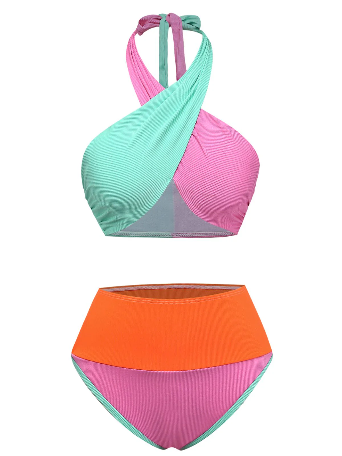 Ensemble bikini dos nu taille haute blocs couleurs 1940s - Image 2