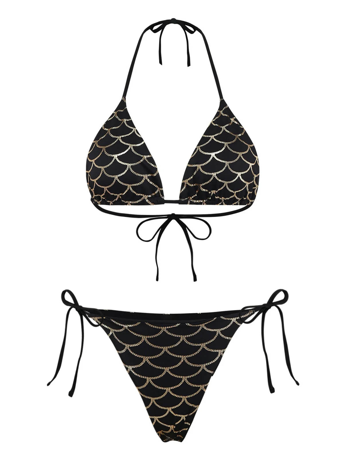 Ensemble bikini écailles sirène dos nu Noire Doré années 1970 - Image 2