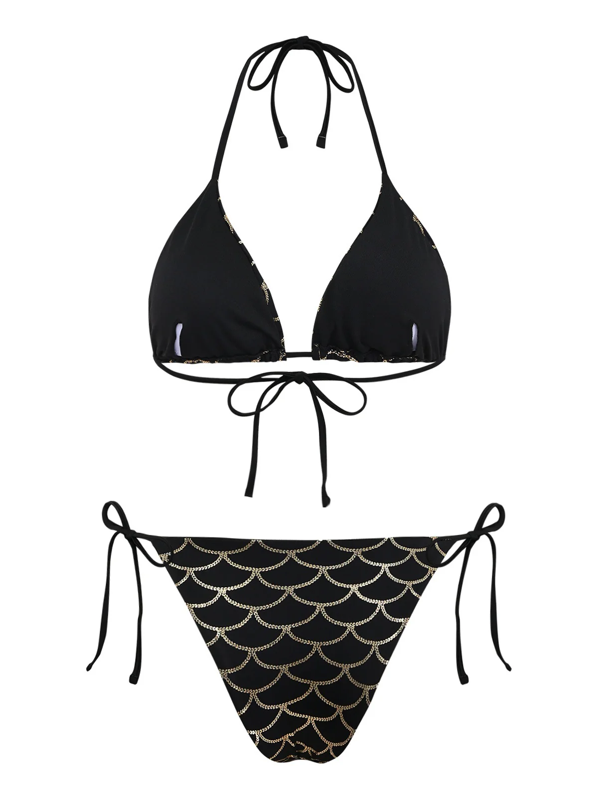 Ensemble bikini écailles sirène dos nu Noire Doré années 1970 - Image 3