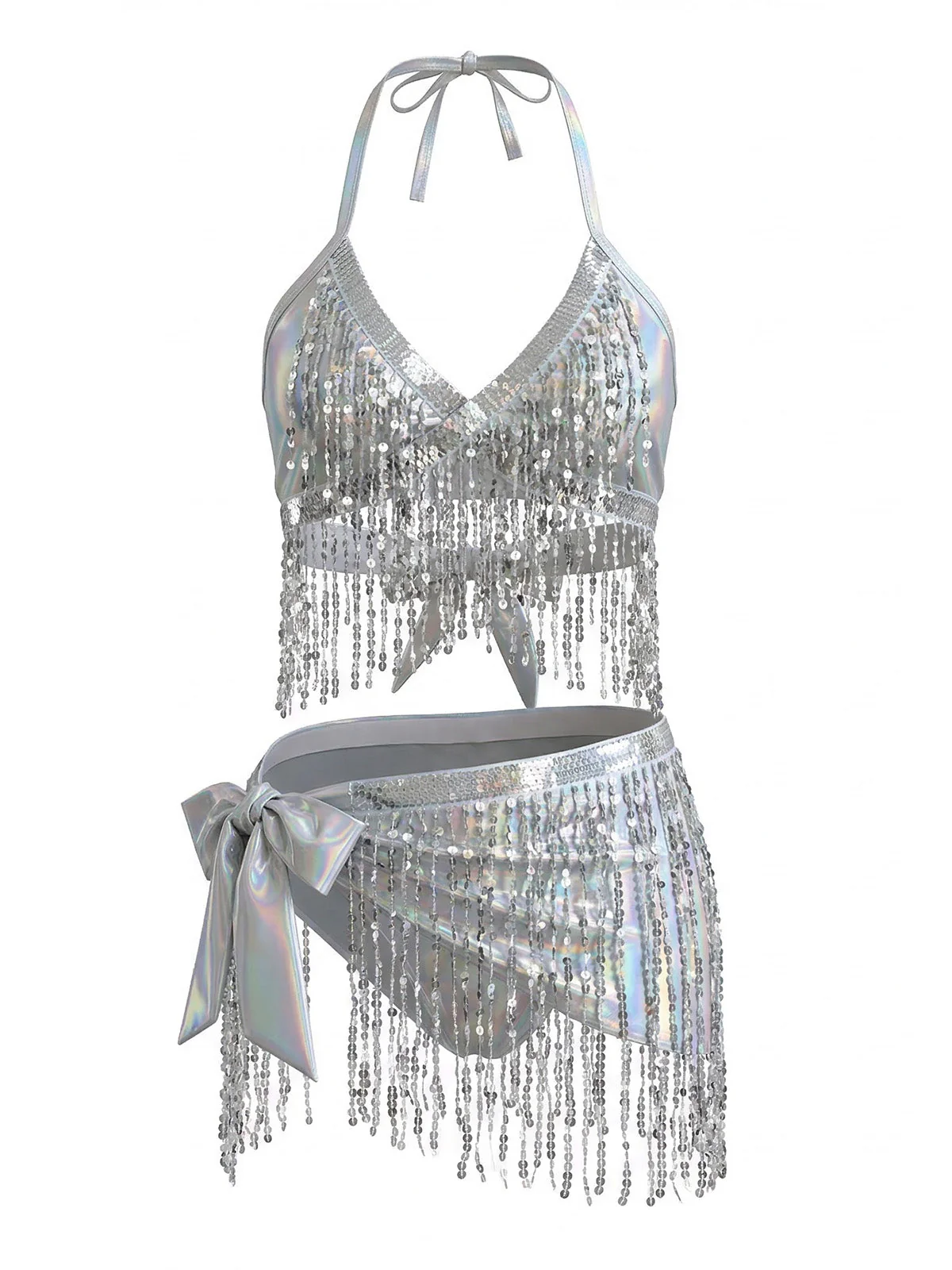 Ensemble bikini et paréo franges et sequins holographiques argentés années 1970