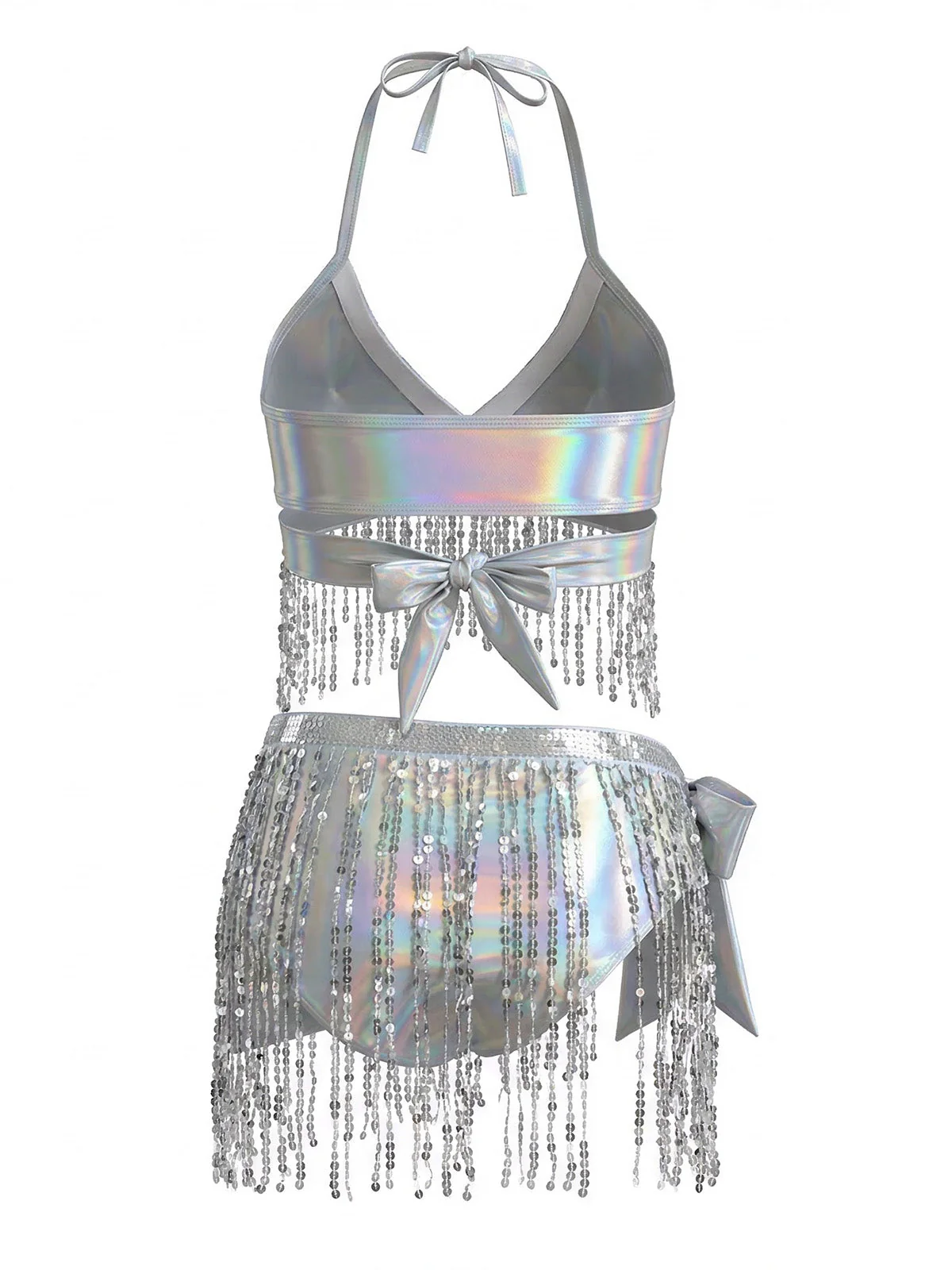 Ensemble bikini et paréo franges et sequins holographiques argentés années 1970 - Image 2