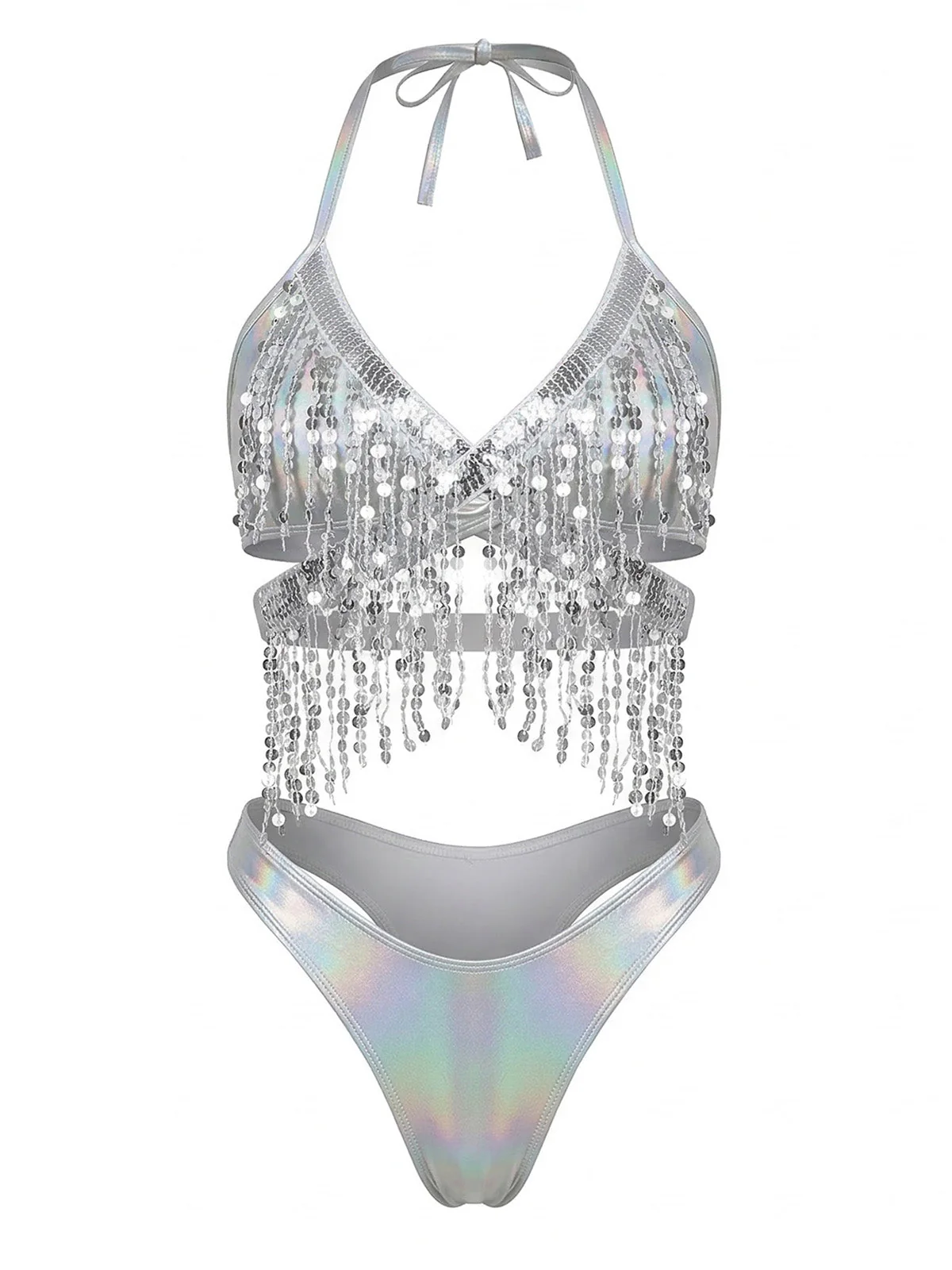 Ensemble bikini et paréo franges et sequins holographiques argentés années 1970 - Image 5