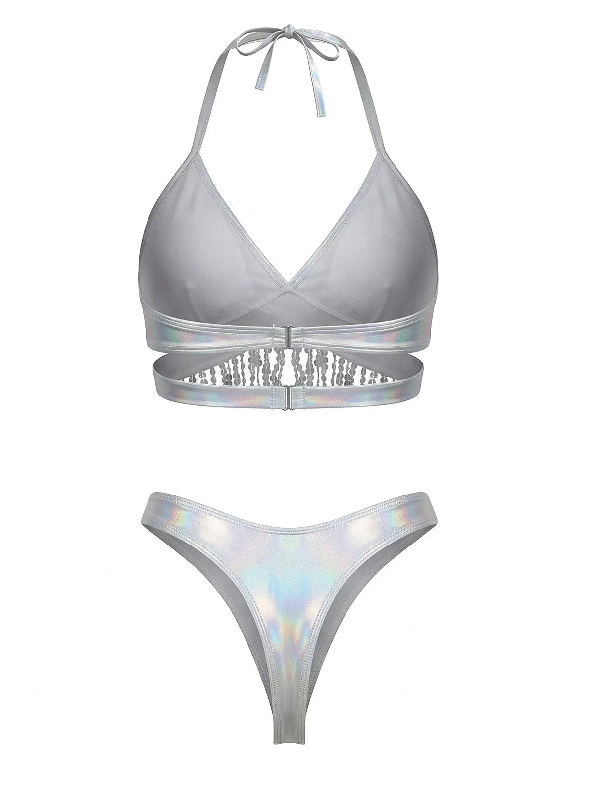 Ensemble bikini et paréo franges et sequins holographiques argentés années 1970 - Image 6