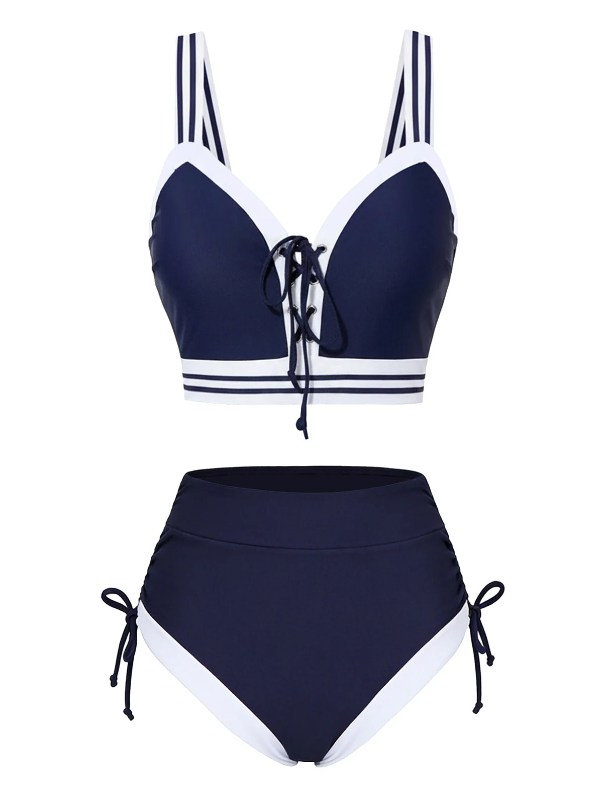 Ensemble bikini à lacets rayé bleu style nautique années 1940 - Image 2