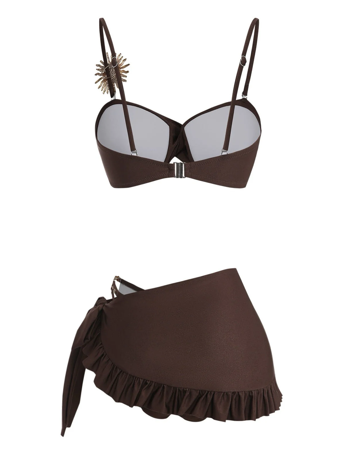Ensemble bikini marron satiné et métallisé volants et liens nouer années 80 - Image 2