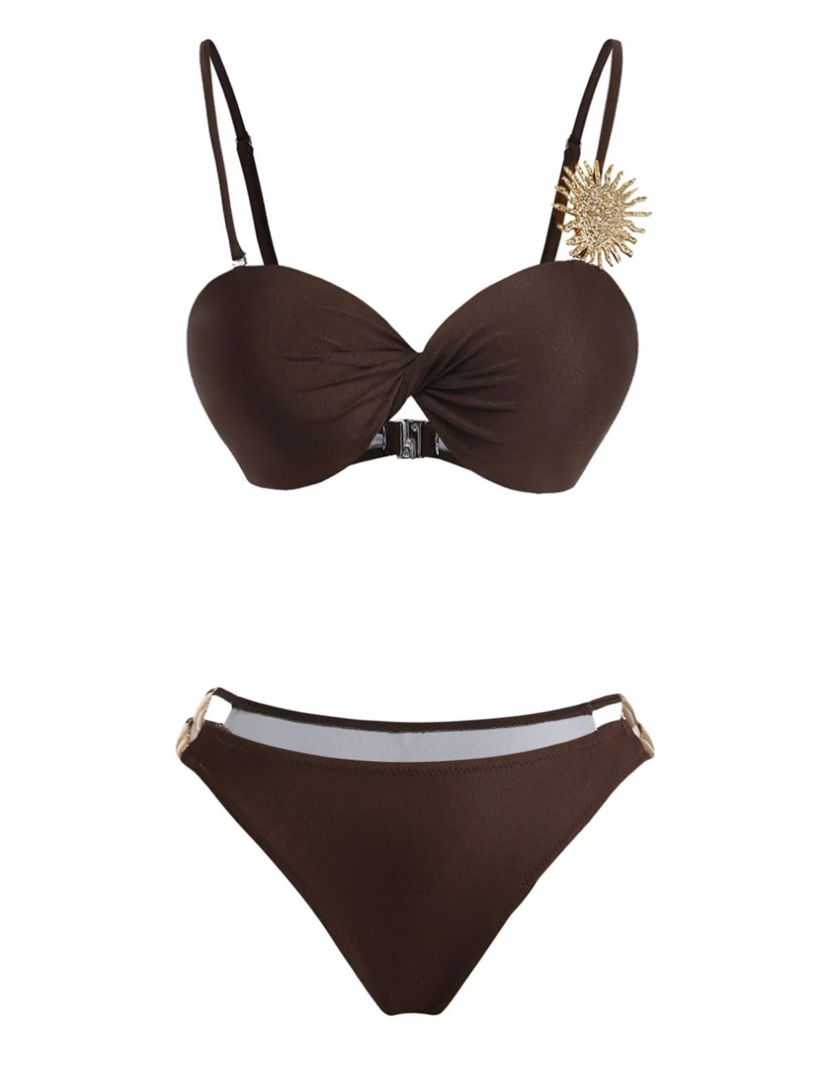 Ensemble bikini marron satiné et métallisé volants et liens nouer années 80 - Image 3