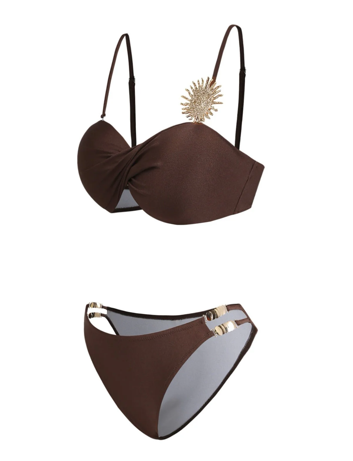 Ensemble bikini marron satiné et métallisé volants et liens nouer années 80 - Image 4