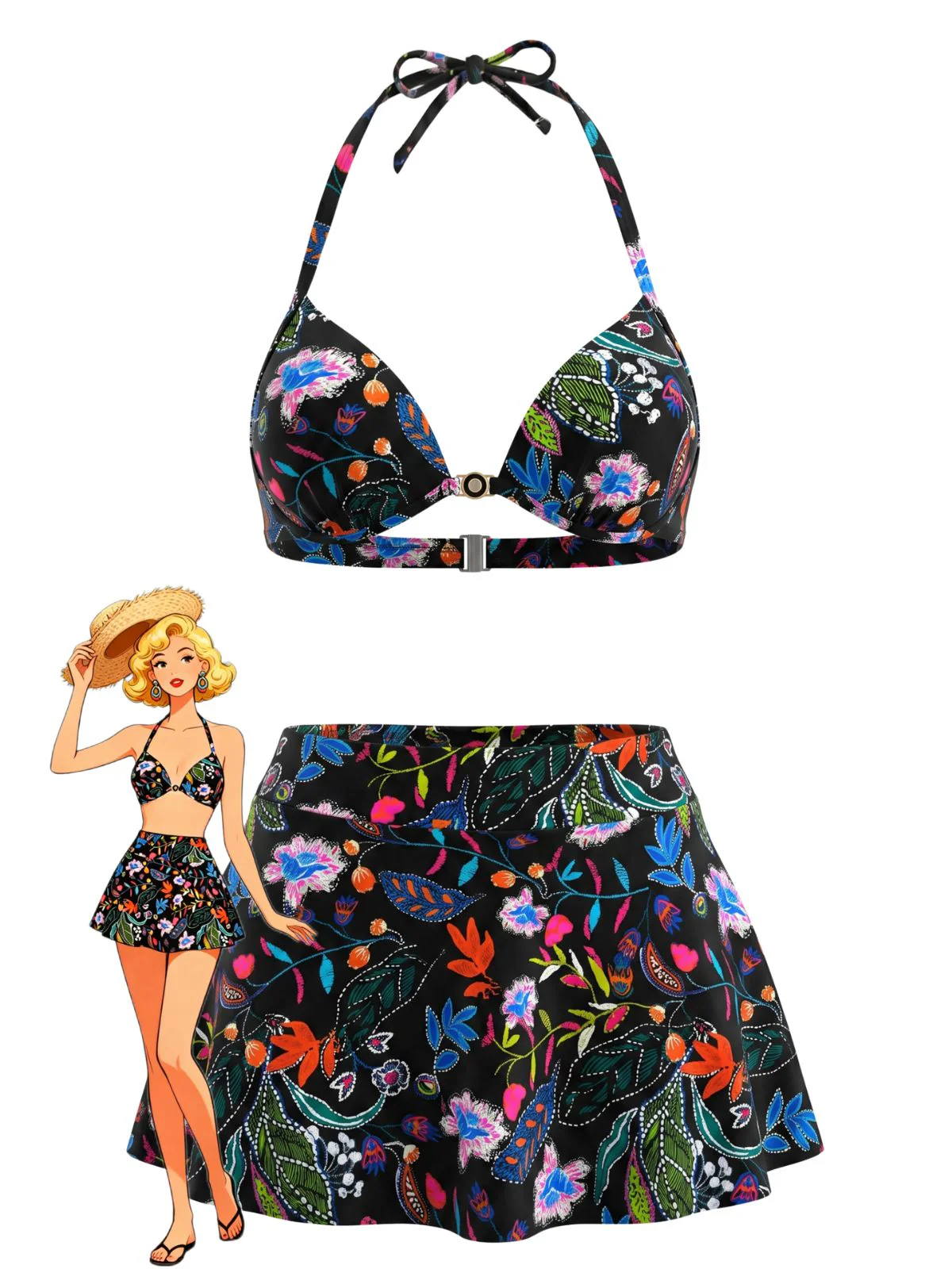 Ensemble bikini motifs floraux tropicaux haut dos nu et bas jupette années 1930