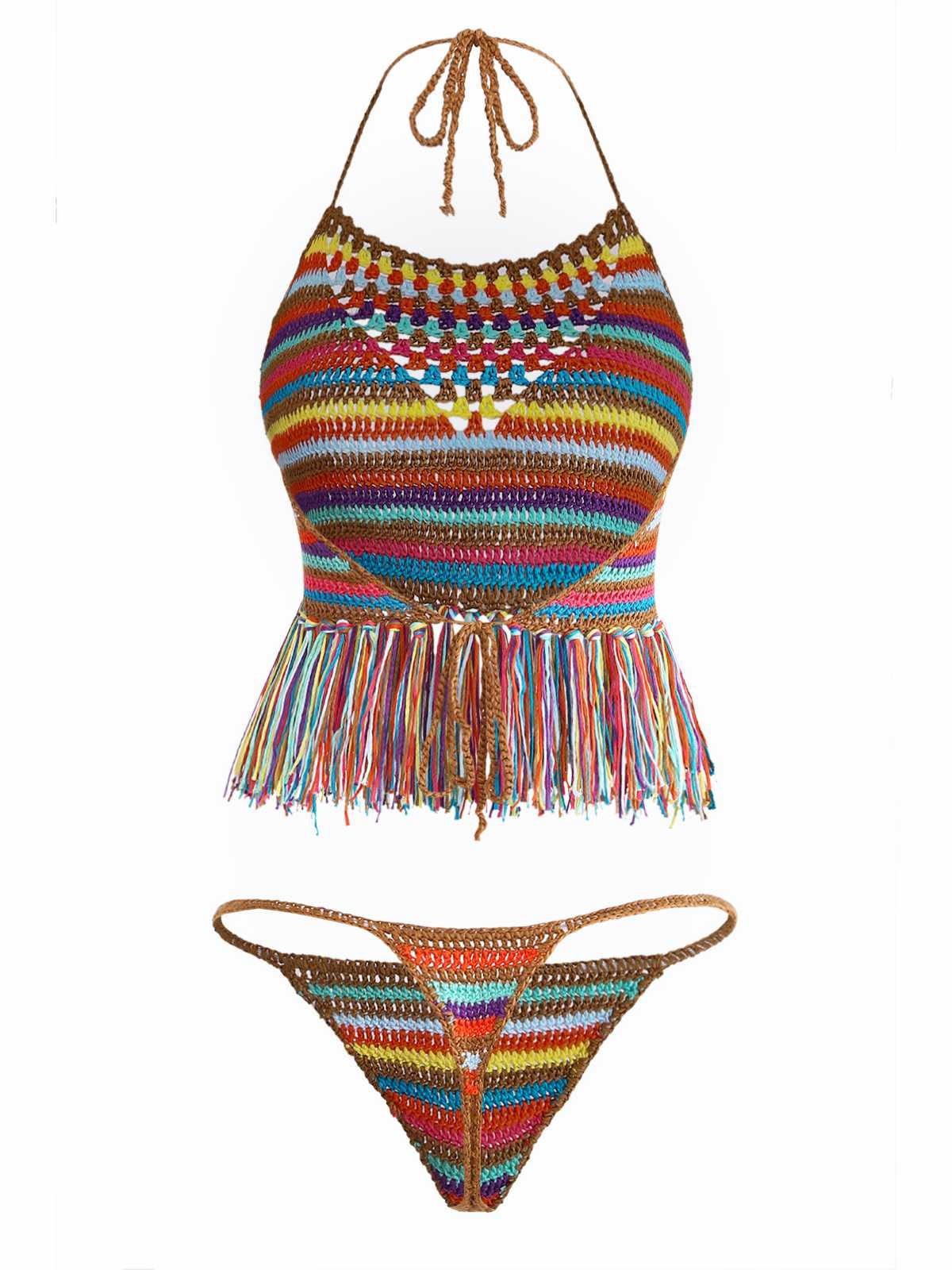 Ensemble Bikini Multicolore Crochet Col Licou Années 1970 - Image 3