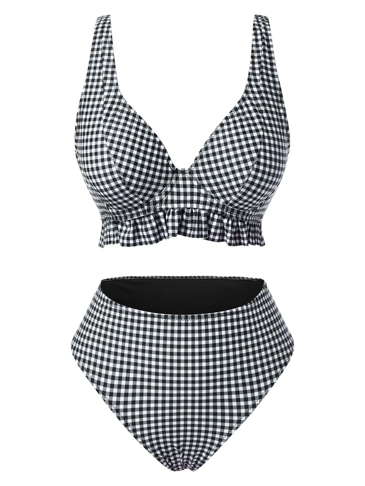 Ensemble bikini noir à carreaux col V profond à volants années 1950