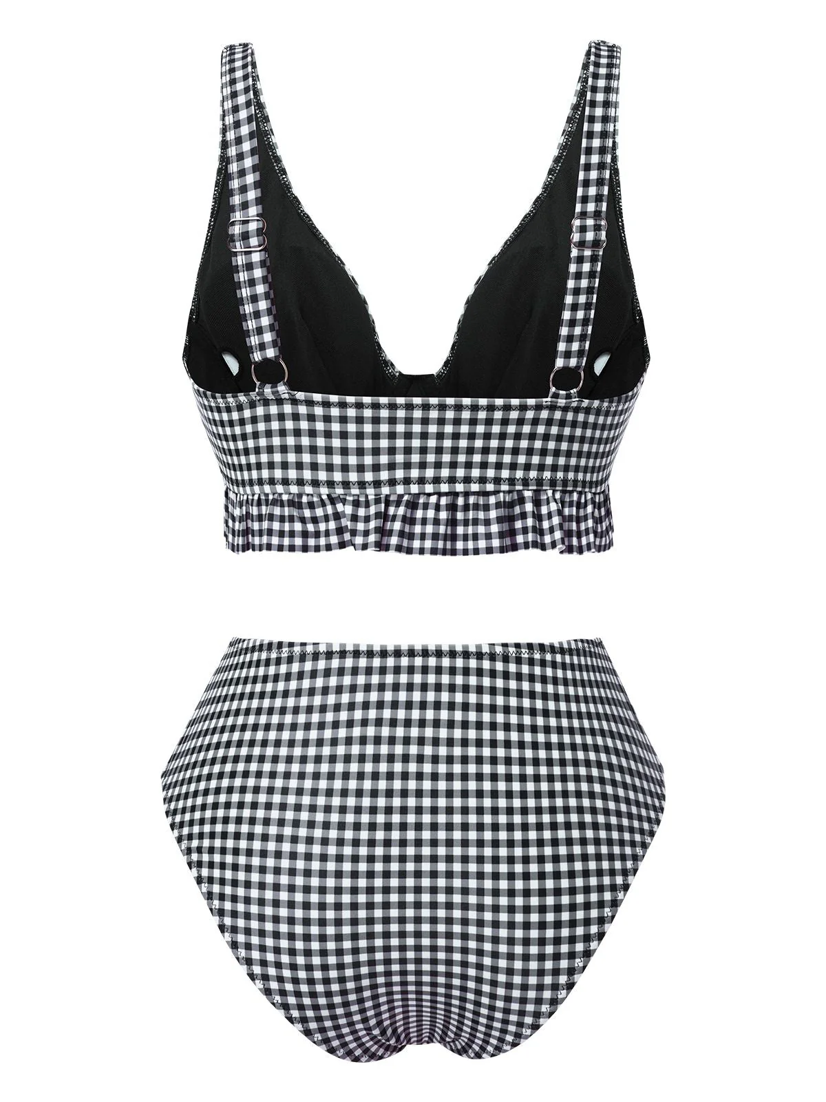Ensemble bikini noir à carreaux col V profond à volants années 1950 - Image 2