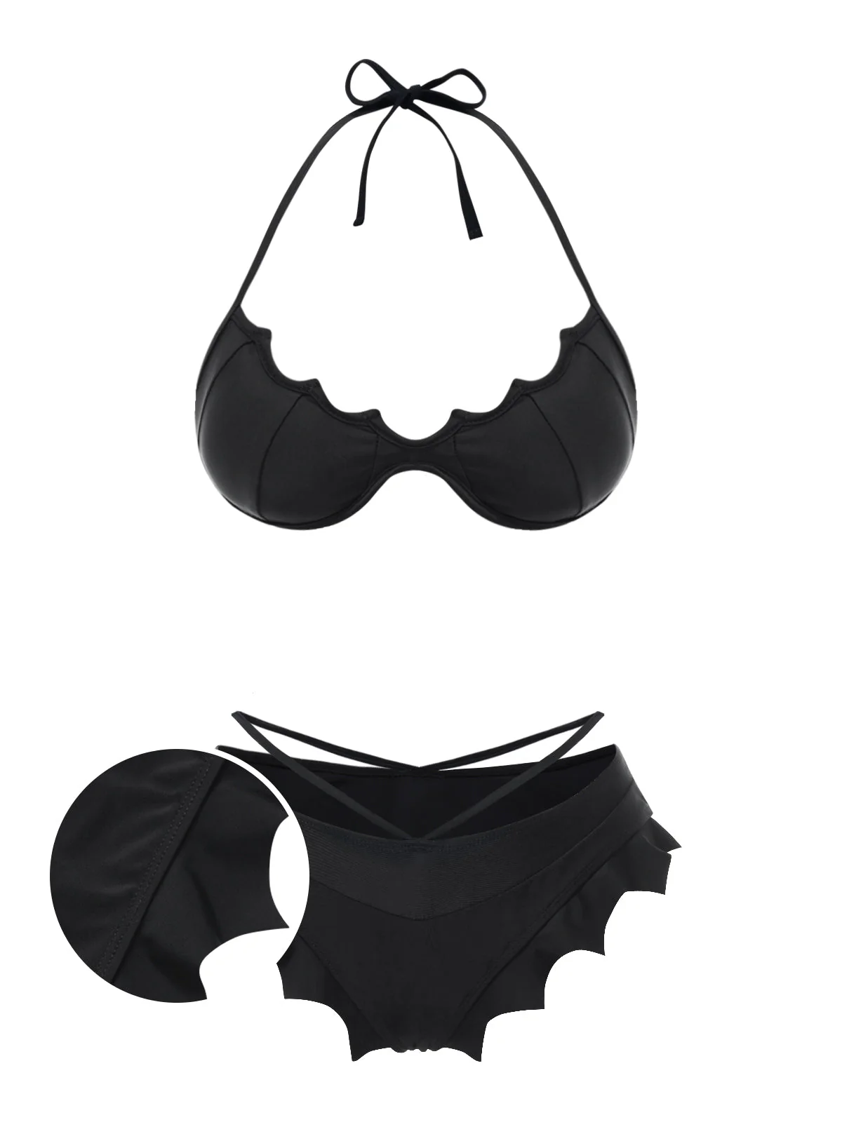 Ensemble bikini noir ailes de chauve-souris gothiques années 1980