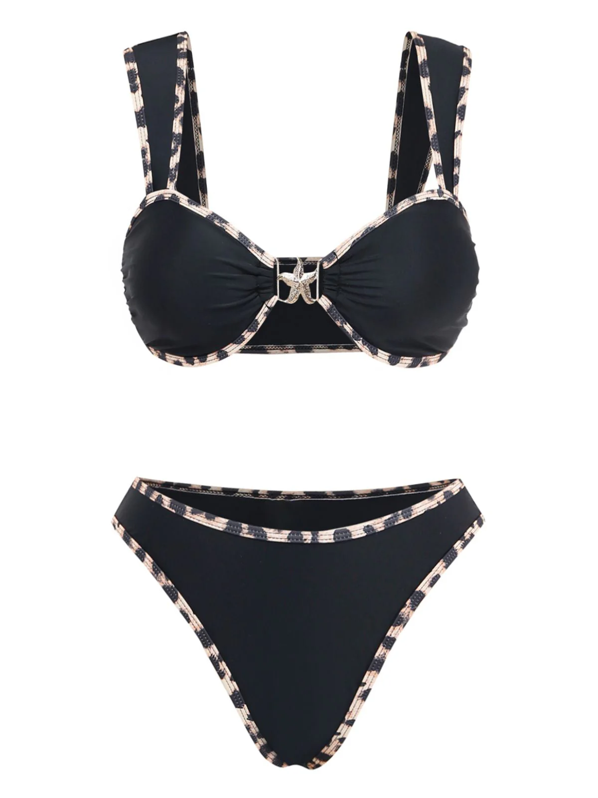 Ensemble bikini noir bordures léopard et étoiles mer métalliques années 50 - Image 2