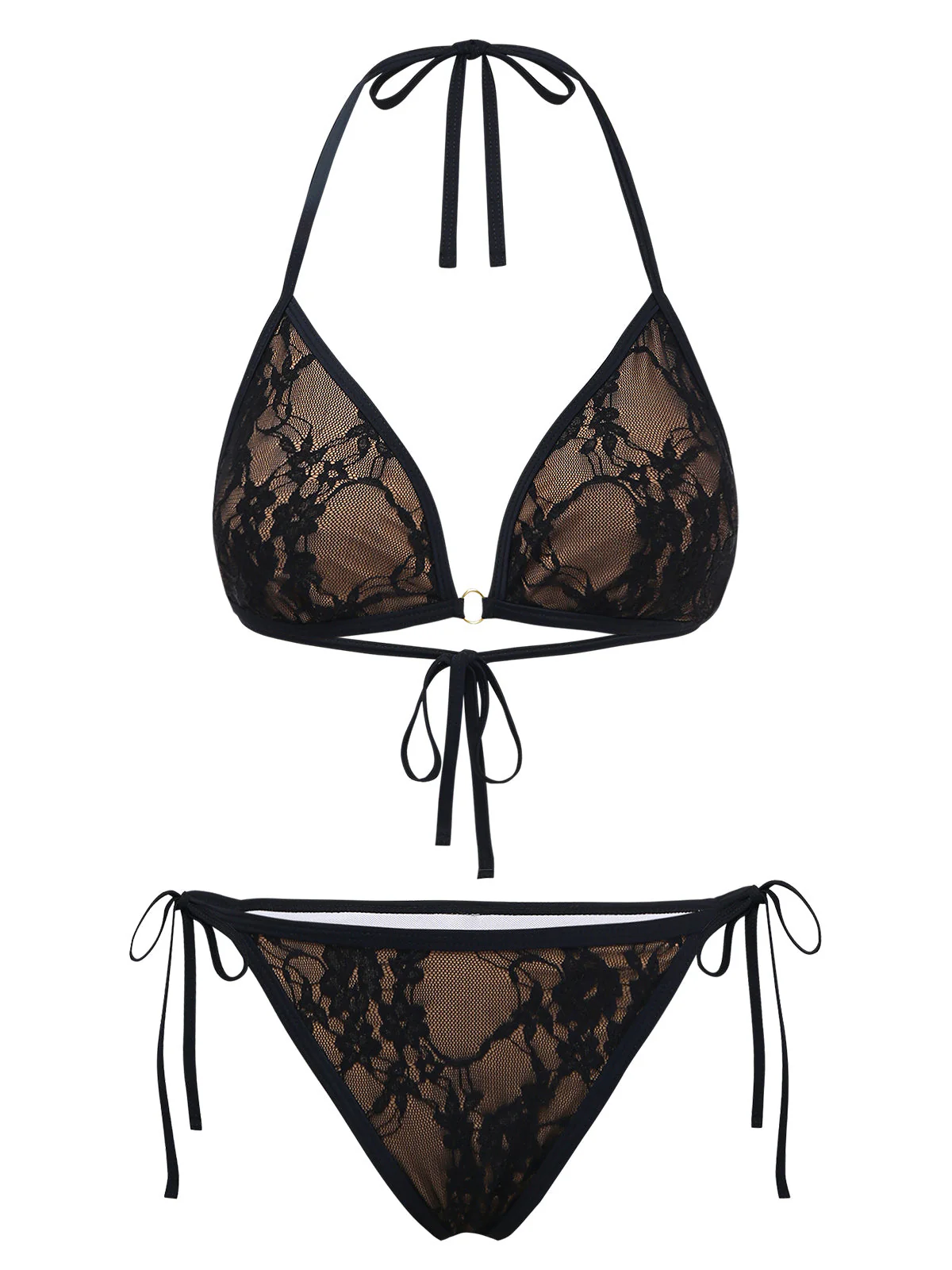 Ensemble bikini noir dentelle florale dos nu années 1970