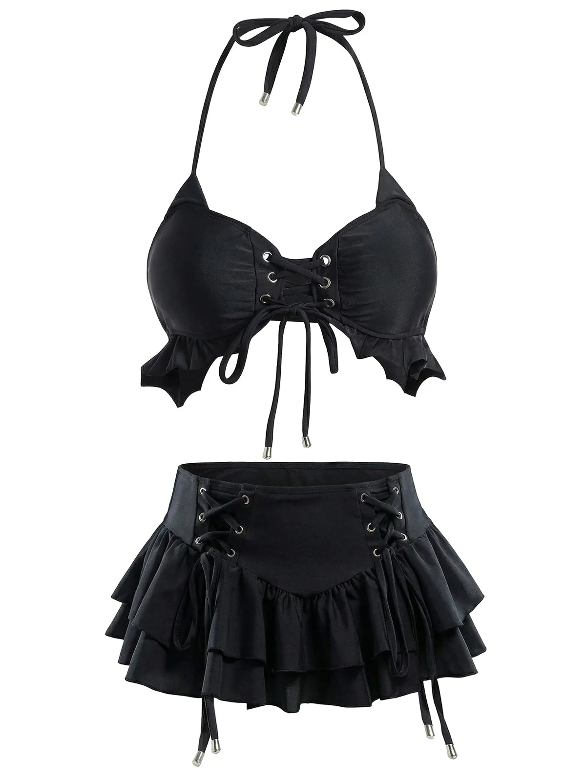 Ensemble bikini noir dos nu avec paréo à volants années 50