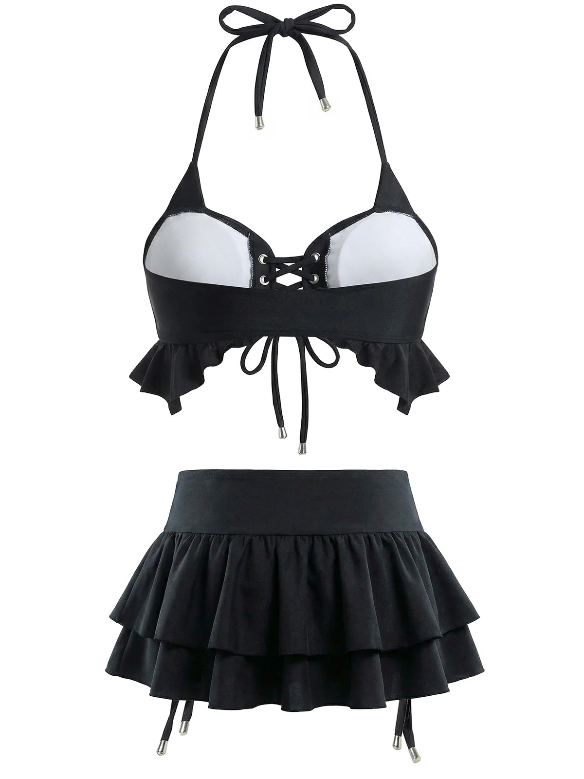 Ensemble bikini noir dos nu avec paréo à volants années 50 - Image 2
