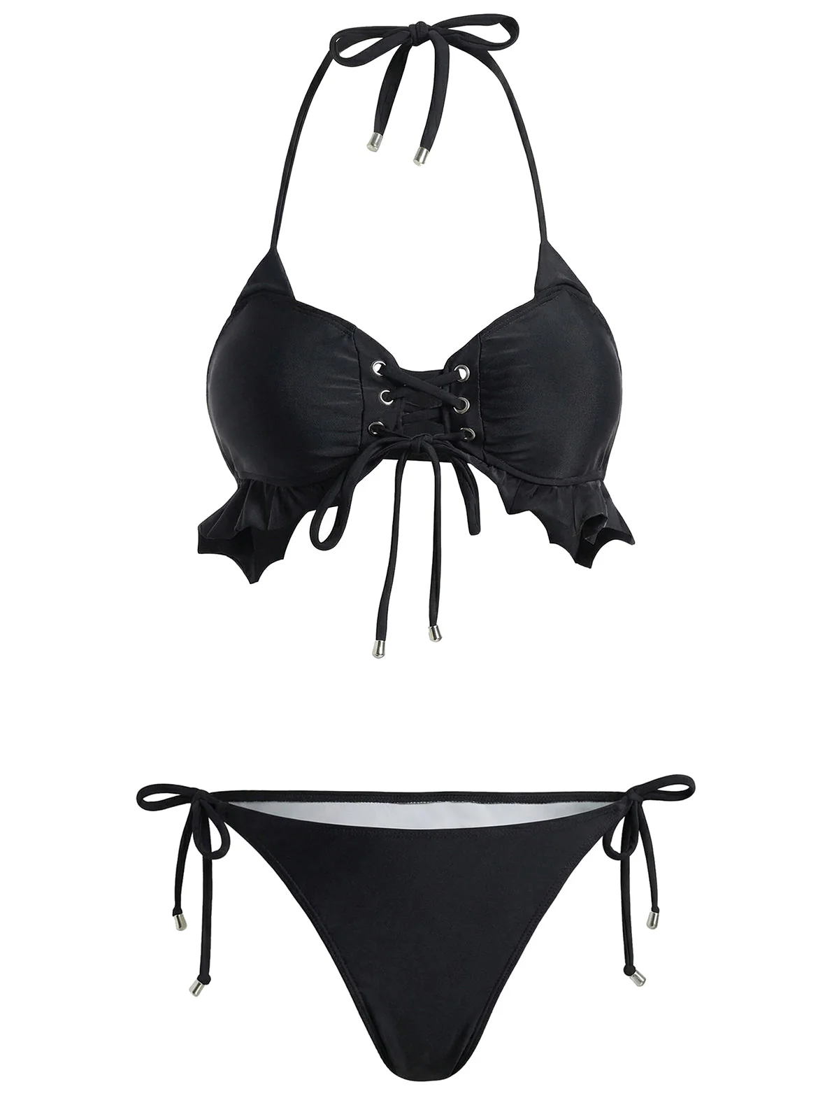 Ensemble bikini noir dos nu avec paréo à volants années 50 - Image 3