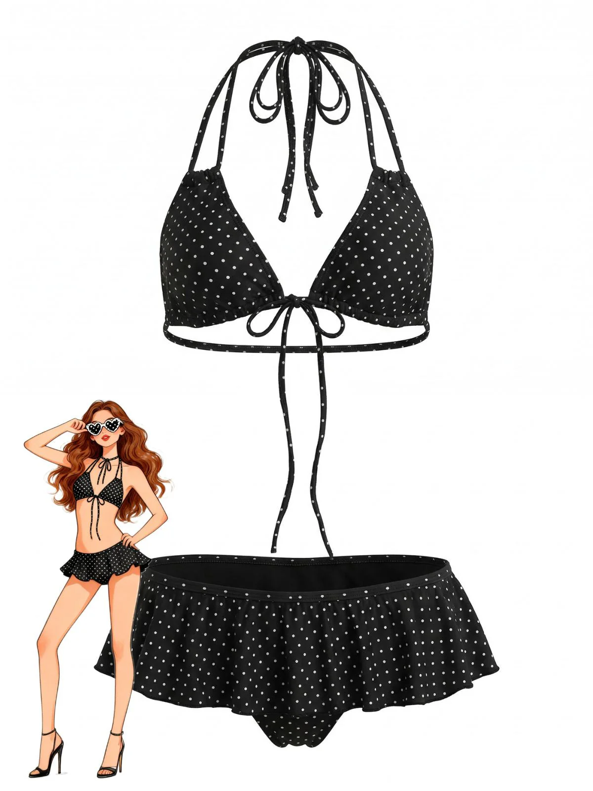 Ensemble bikini noir pois et volants lacets années 1950