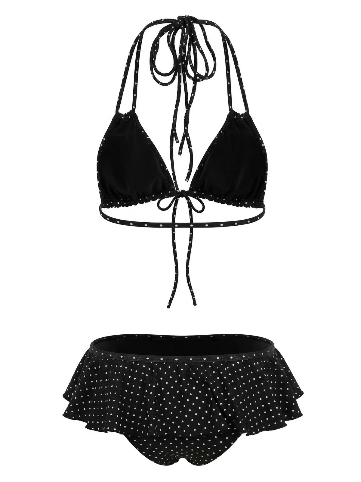 Ensemble bikini noir pois et volants lacets années 1950 - Image 3