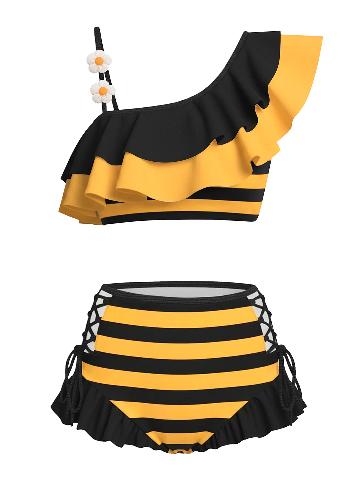Ensemble bikini à rayures abeilles et volants marguerite 3D années 40 - Image 3