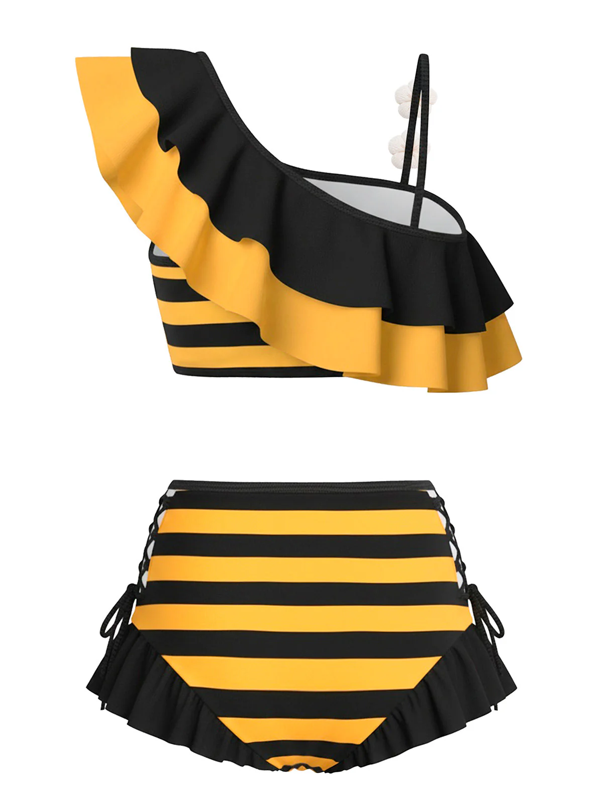 Ensemble bikini à rayures abeilles et volants marguerite 3D années 40 - Image 4