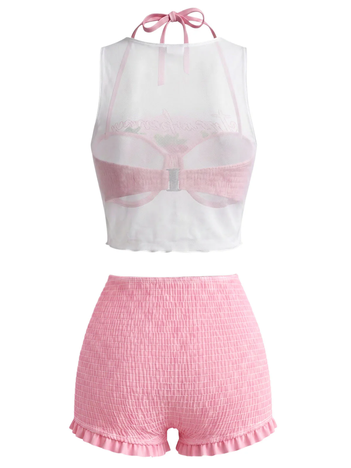 Ensemble bikini rose dos nu et smocks haut de plage motif fraises années 50 - Image 3