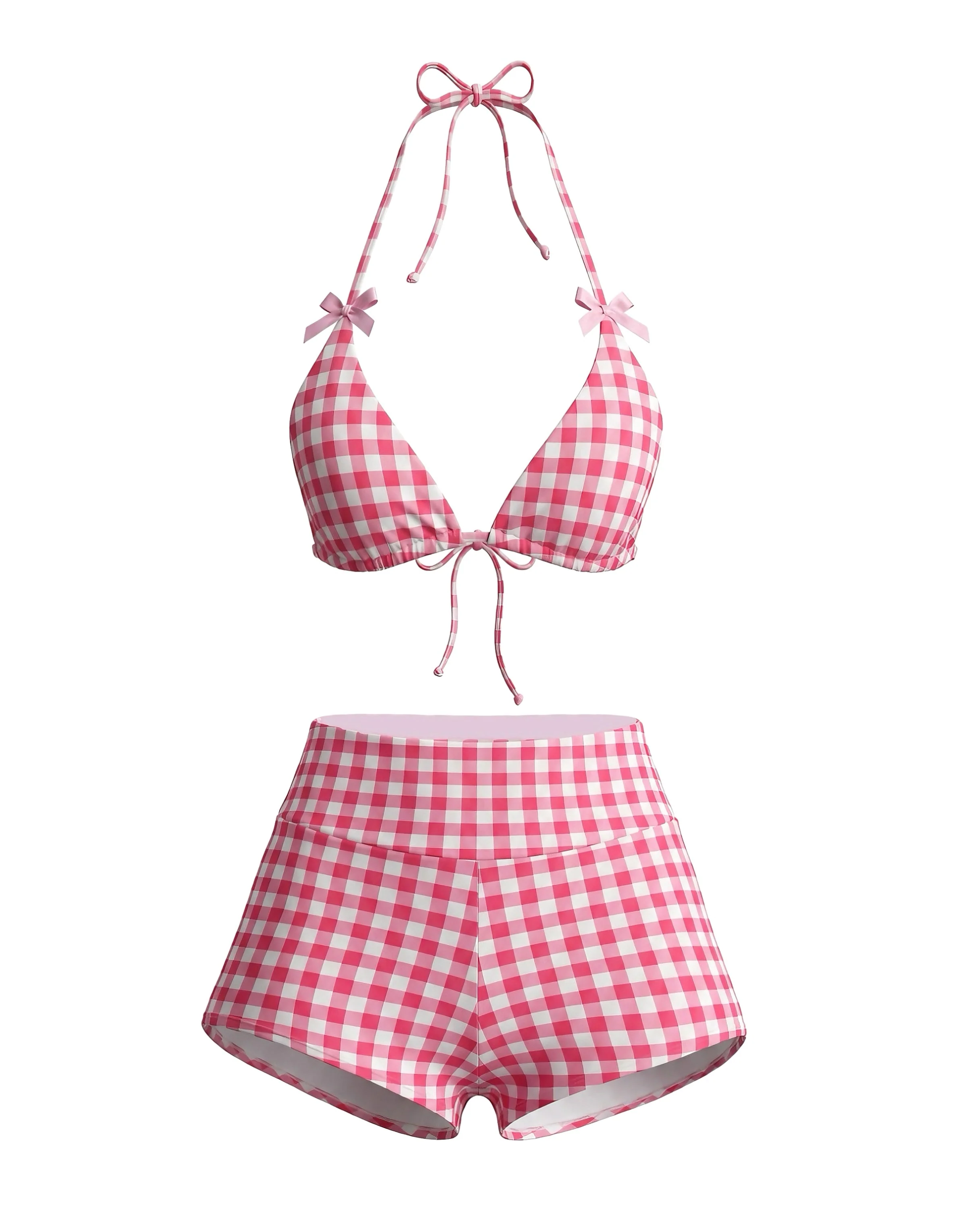 Ensemble bikini rose haut dos nu carreaux vichy et nœud et bas shorty années 80