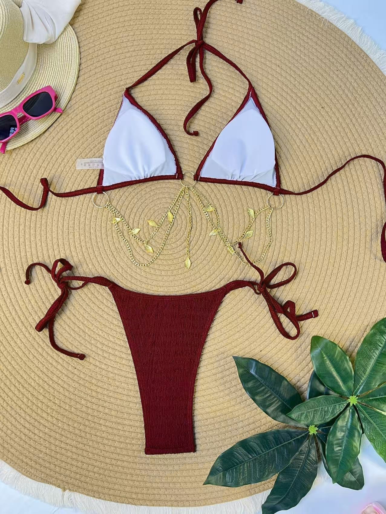 Ensemble bikini triangle chaîne dorée et côtelé années 1960 - Image 15