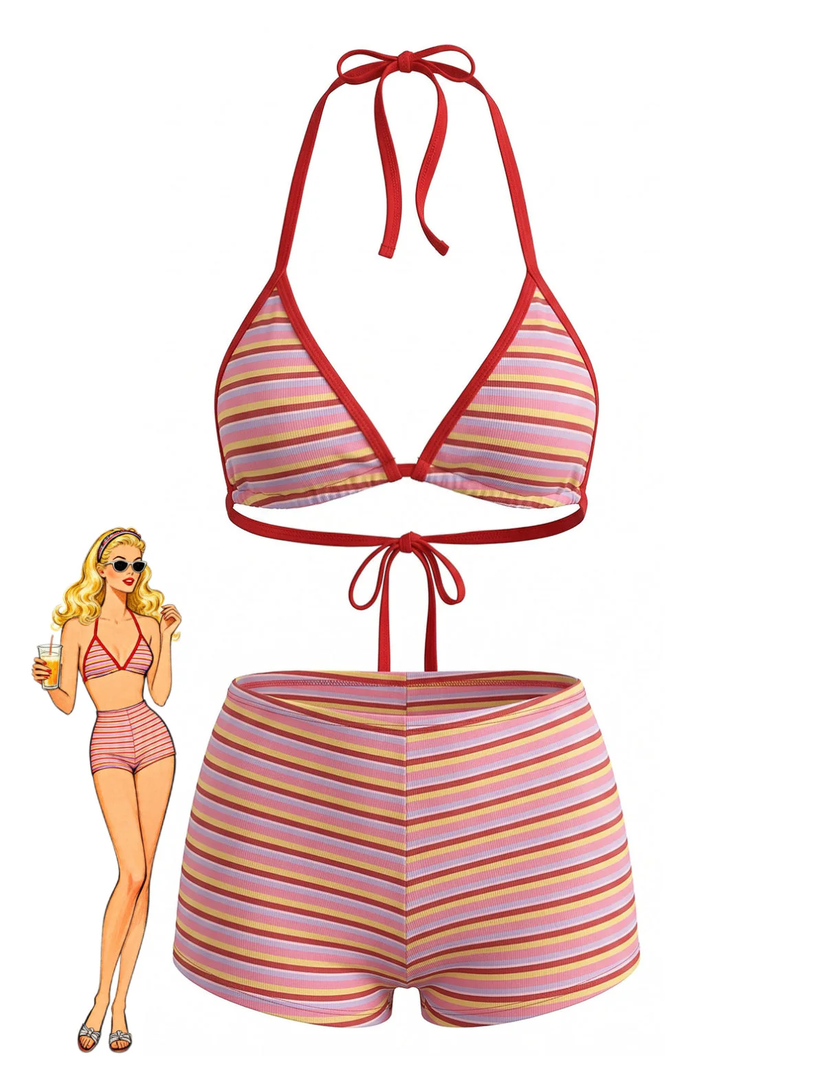 Ensemble bikini triangle rouge rayé et côtelé à dos nu années 1940