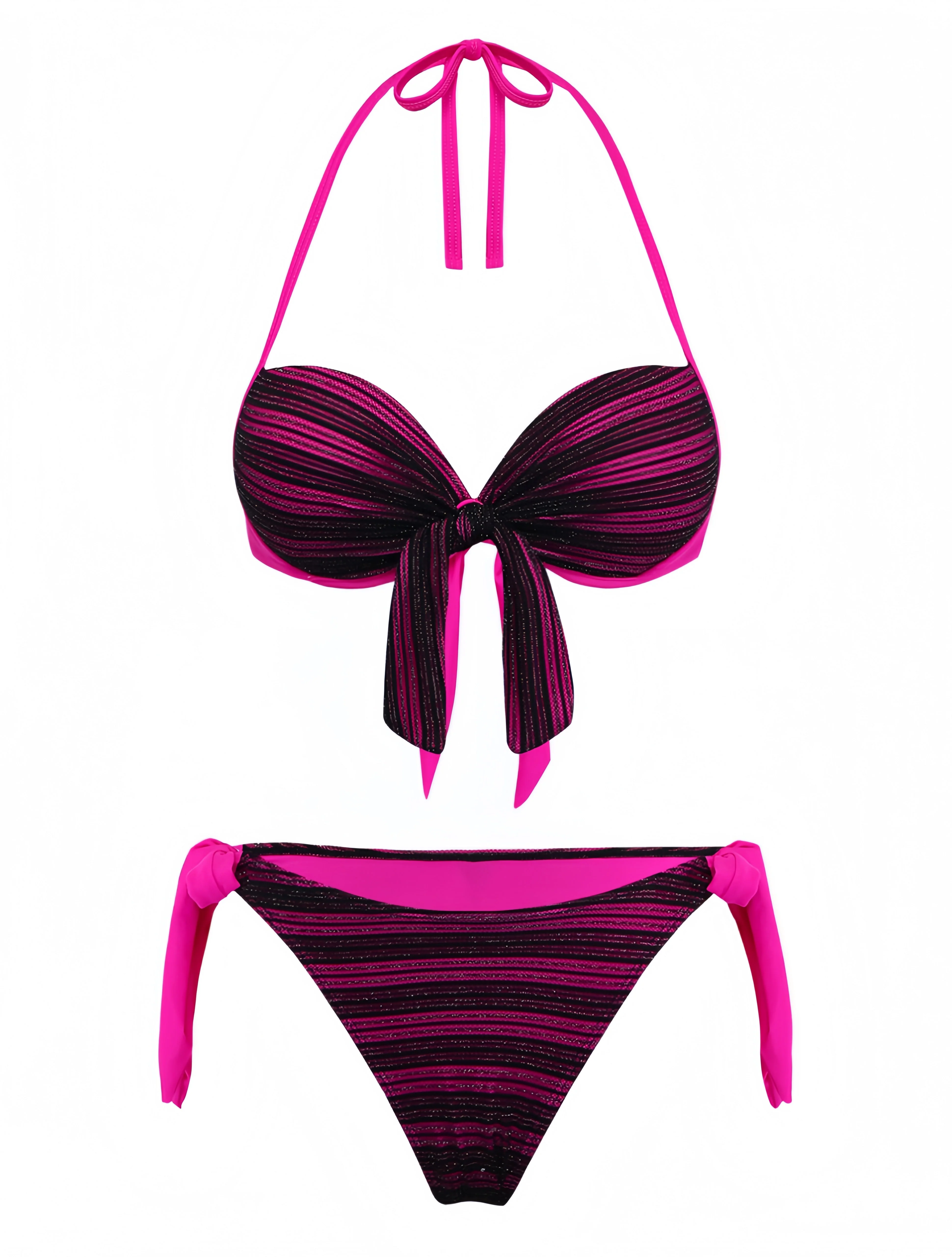 Ensemble bikini violet rayures nœud papillon années 60 - Image 2
