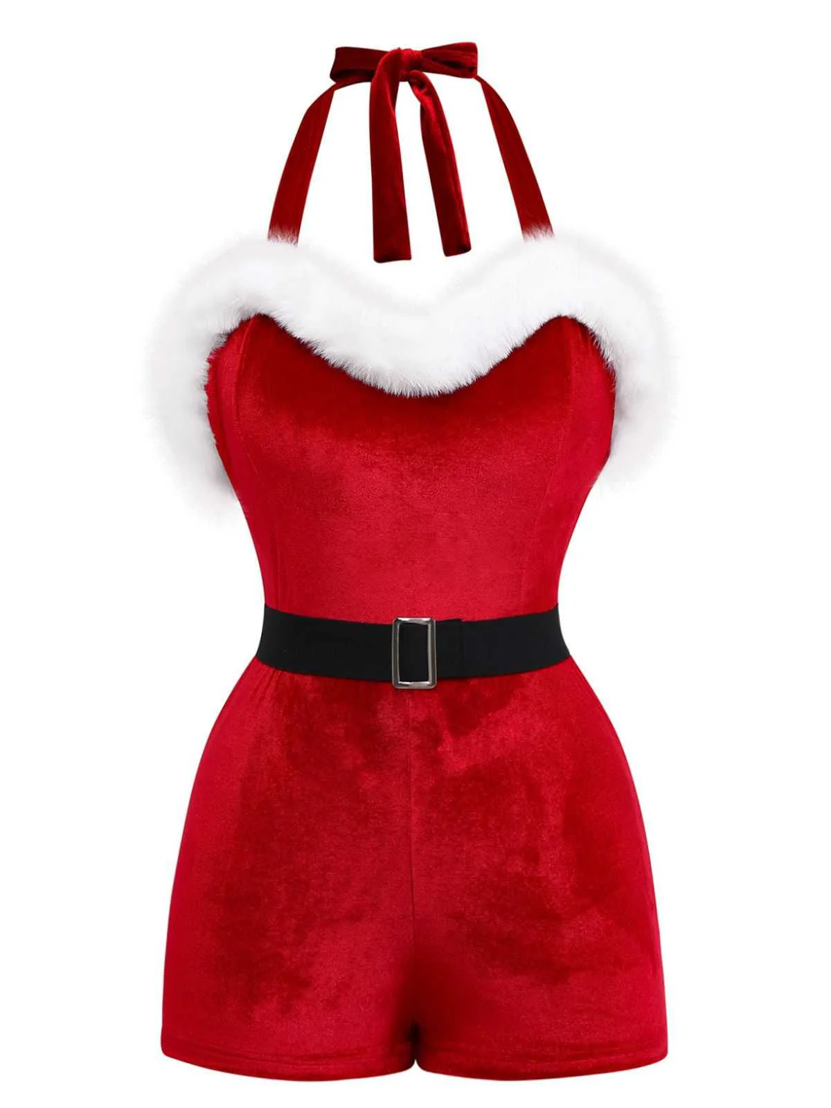 Ensemble barboteuse dos nu en velours et fausse fourrure de Noël des années 1970 - Image 3