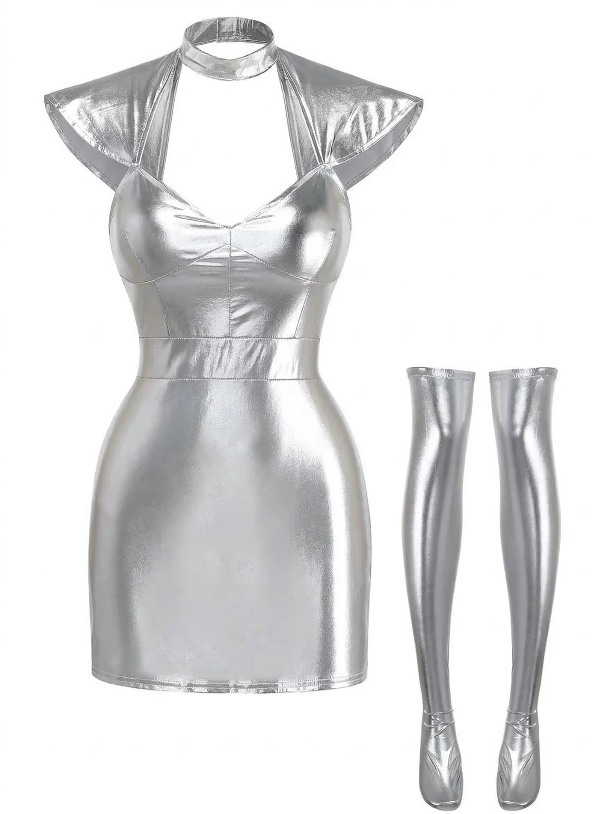 Ensemble costume métallique argenté Space Girl haut dos nu années 60
