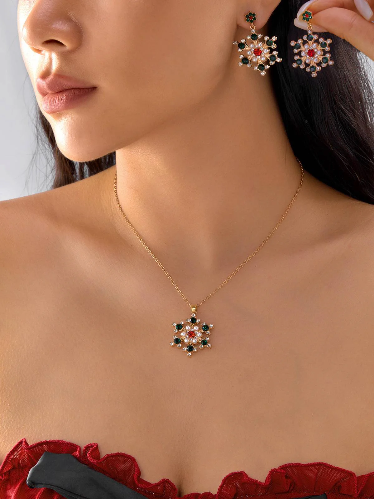 Ensemble de bijoux vintage collier et boucles d'oreilles flocon de neige - Image 2
