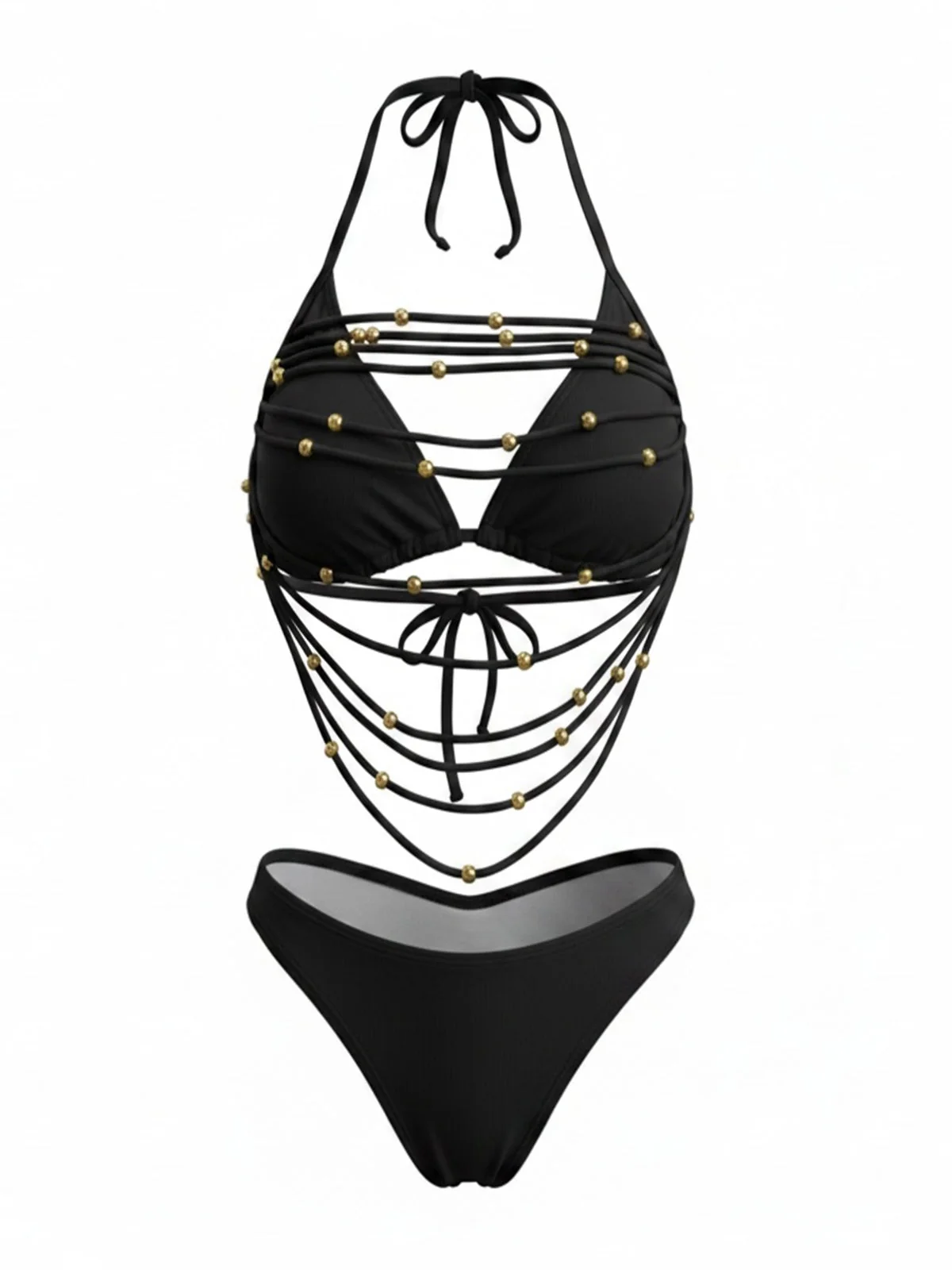 Ensemble de bikini dos nu lacets et perles métalliques années 1980