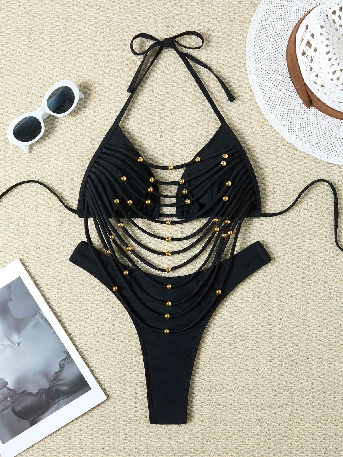 Ensemble de bikini dos nu lacets et perles métalliques années 1980 - Image 2