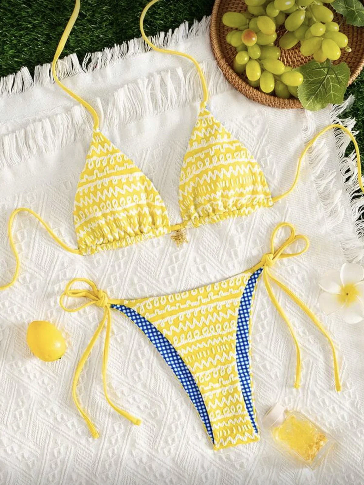 Ensemble de bikini réversible jaune colorblock années 80 - Image 3