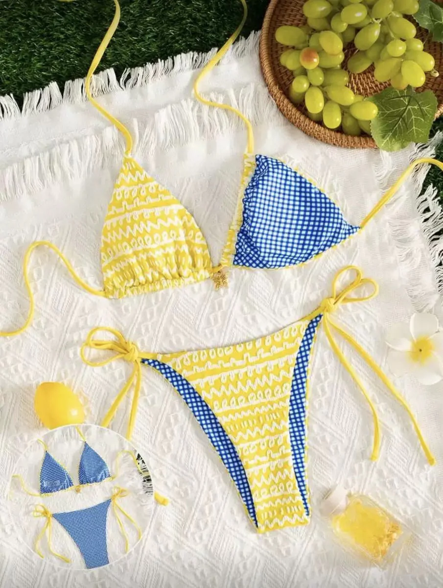 Ensemble de bikini réversible jaune colorblock années 80 - Image 4