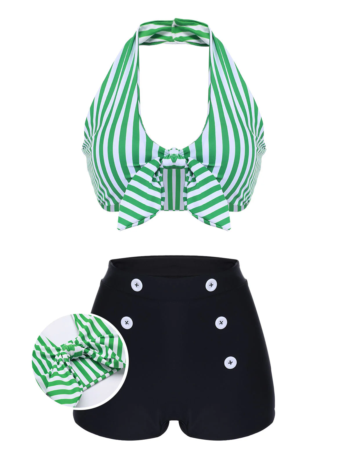 Maillot de bain vert à rayures col v dos nu rétro - Image 5
