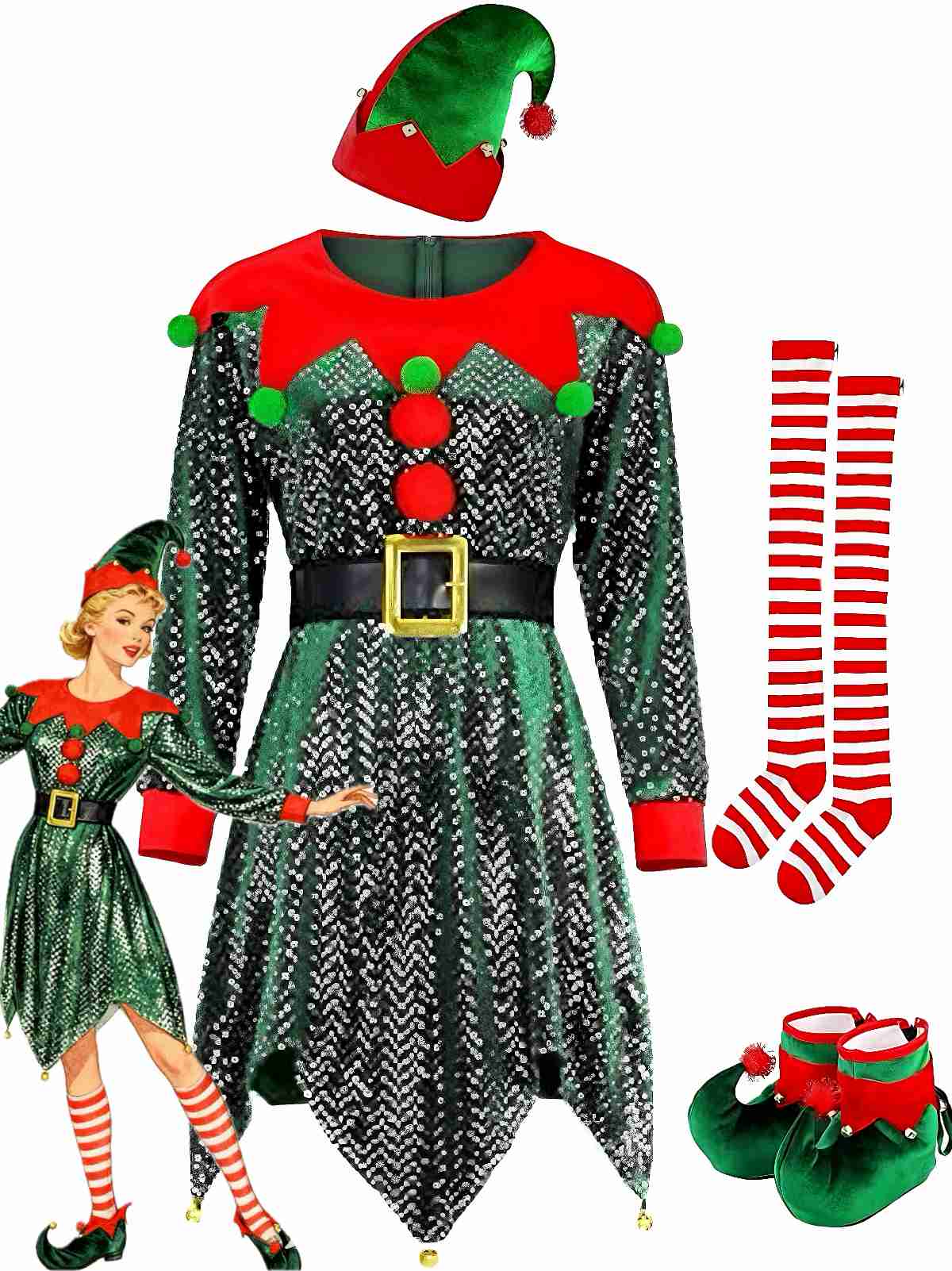 Ensemble de costume d'elfe de Noël à paillettes vertes des années 1950 - Image 3