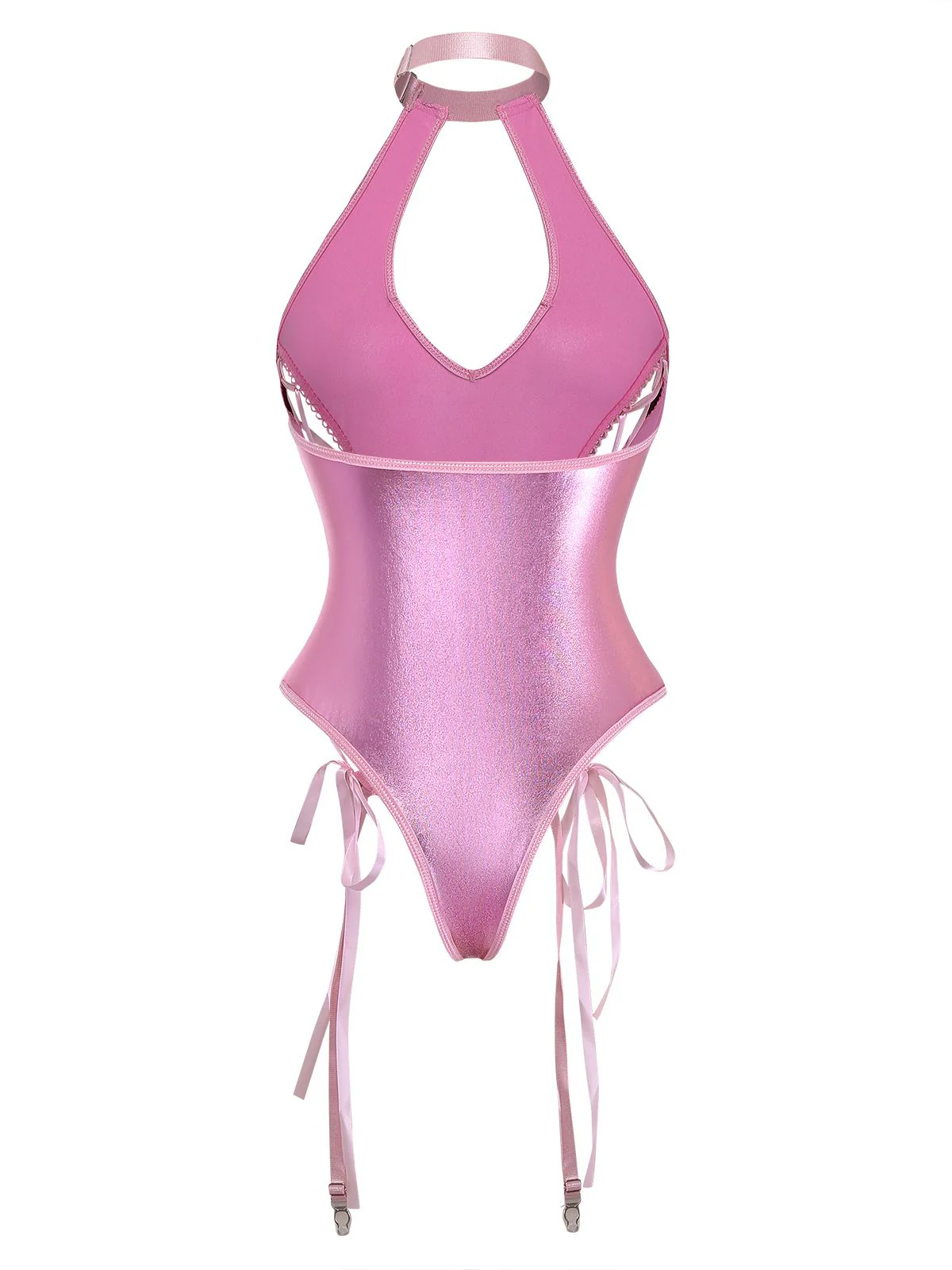 Ensemble De Lingerie Body Bretelles Nues Cuir Verni À Lacets Année 1980 - Image 3