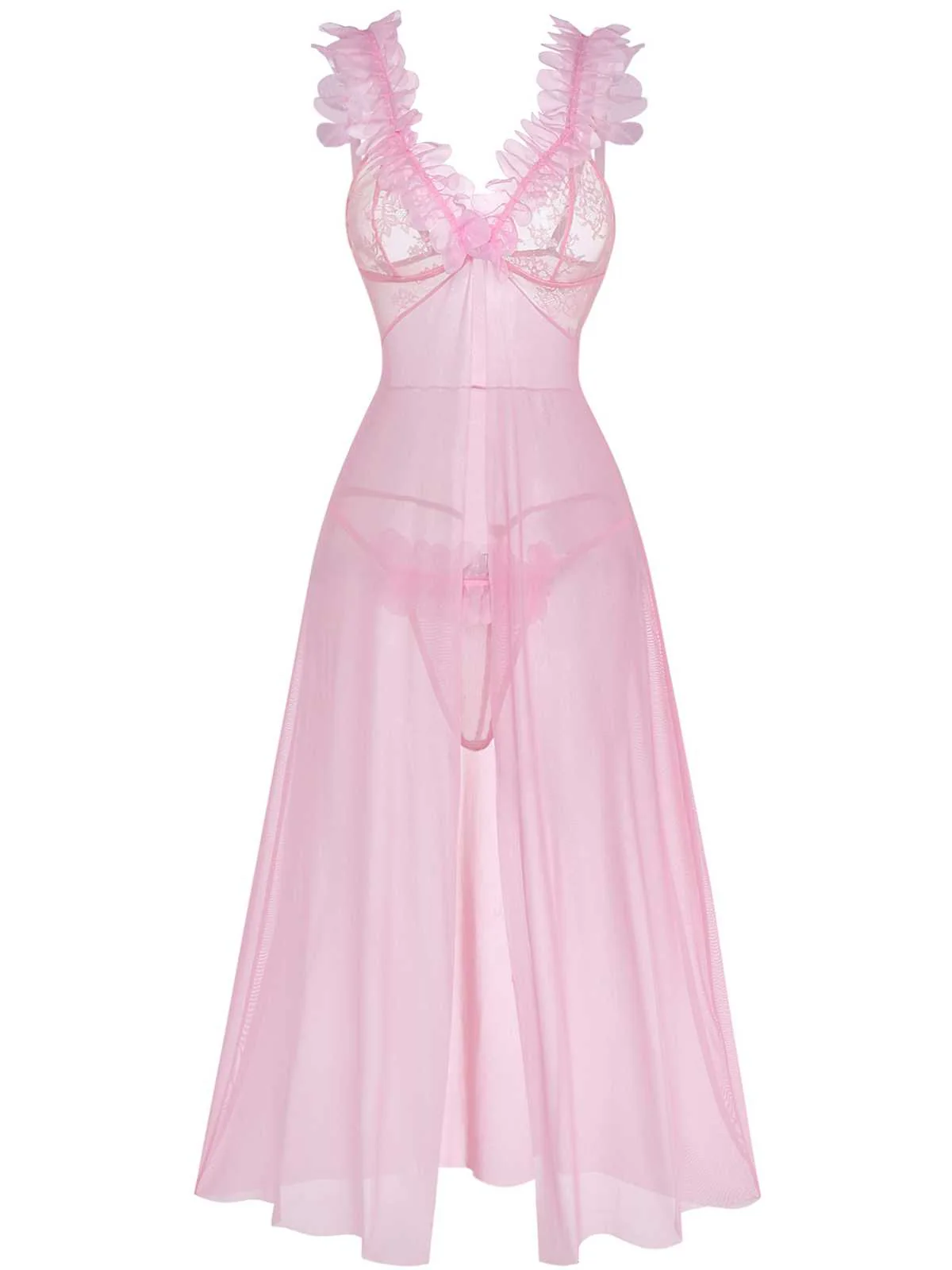 Ensemble de lingerie en dentelle transparente motif floral 3D rose années 1930 - Image 2