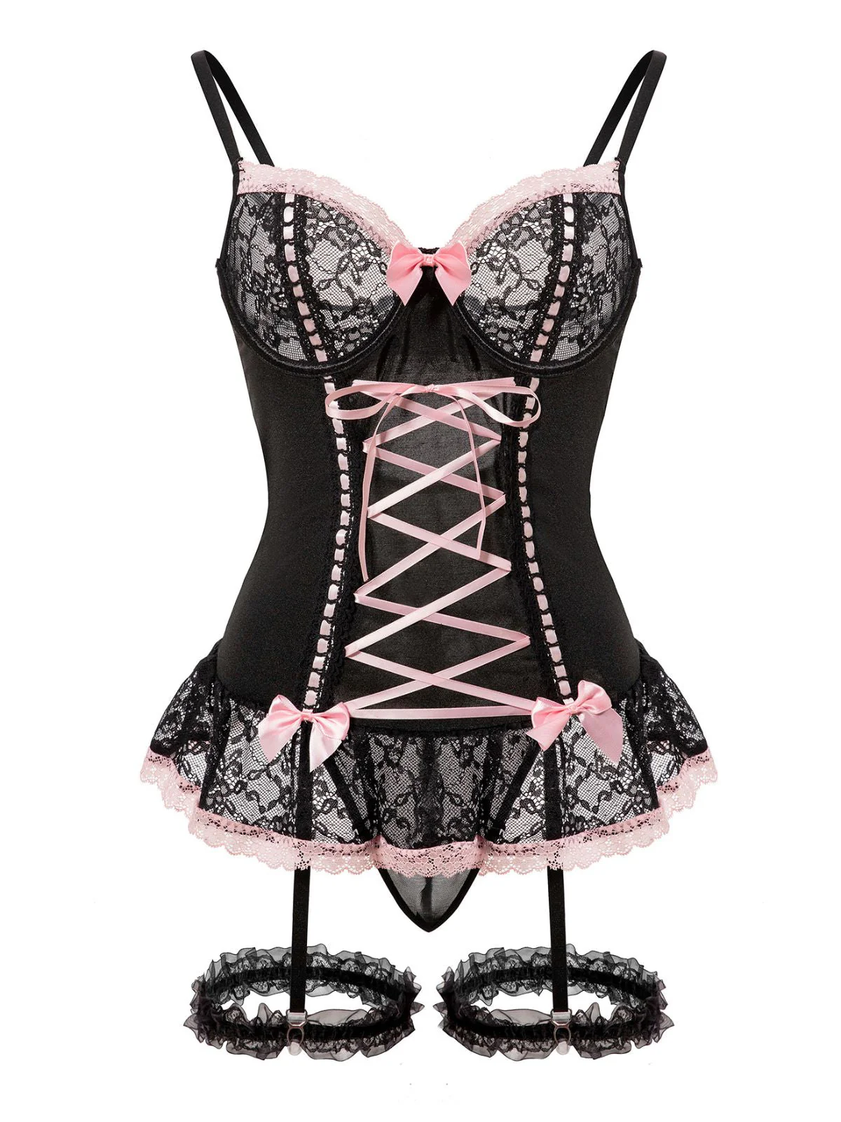 Ensemble de lingerie lacets et nœud en dentelle contrastée années 1970 - Image 2