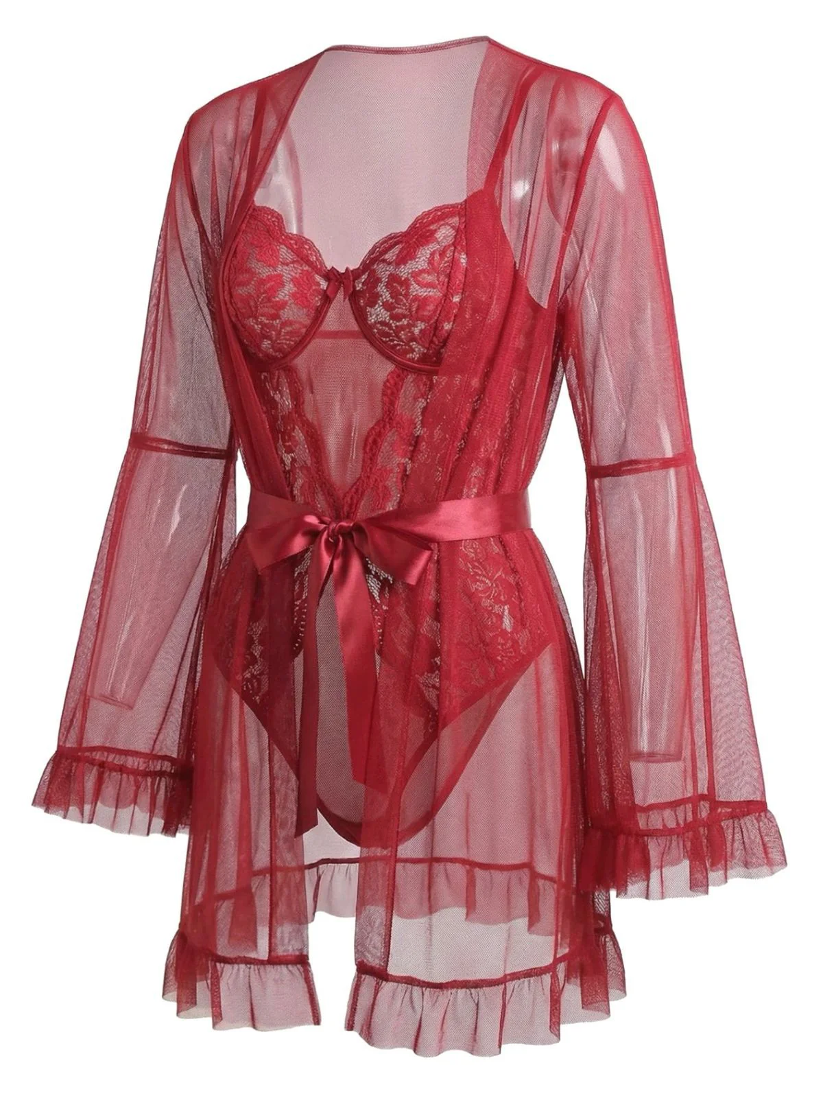 Ensemble de pyjama patchwork en dentelle transparente rouge années 1960 - Image 2