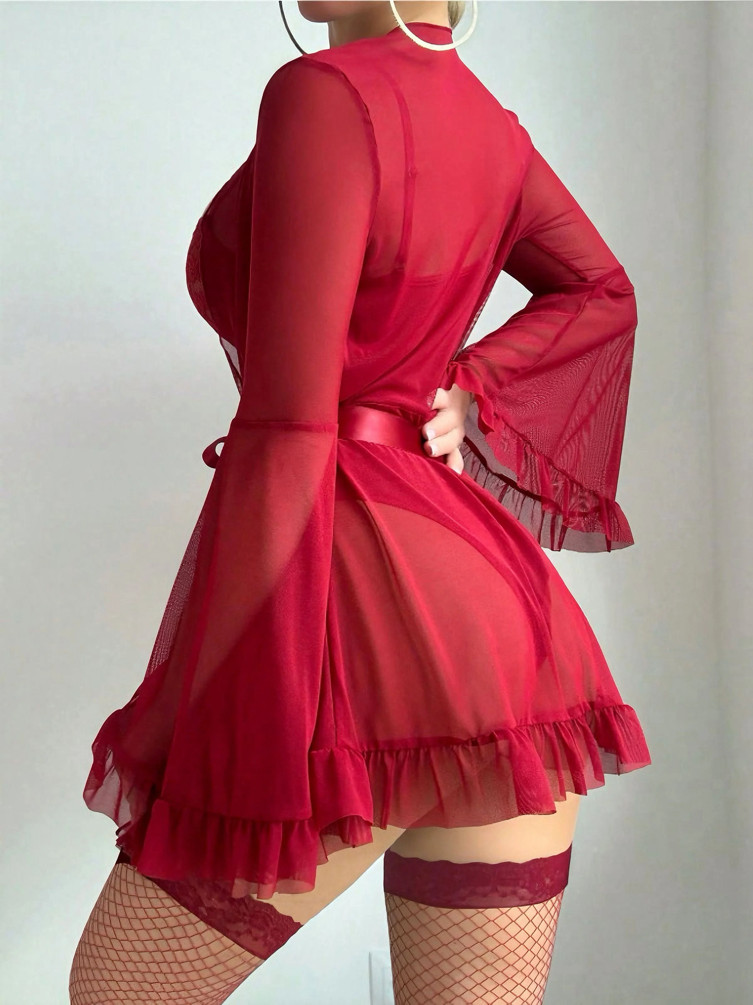 Ensemble de pyjama patchwork en dentelle transparente rouge années 1960 - Image 6