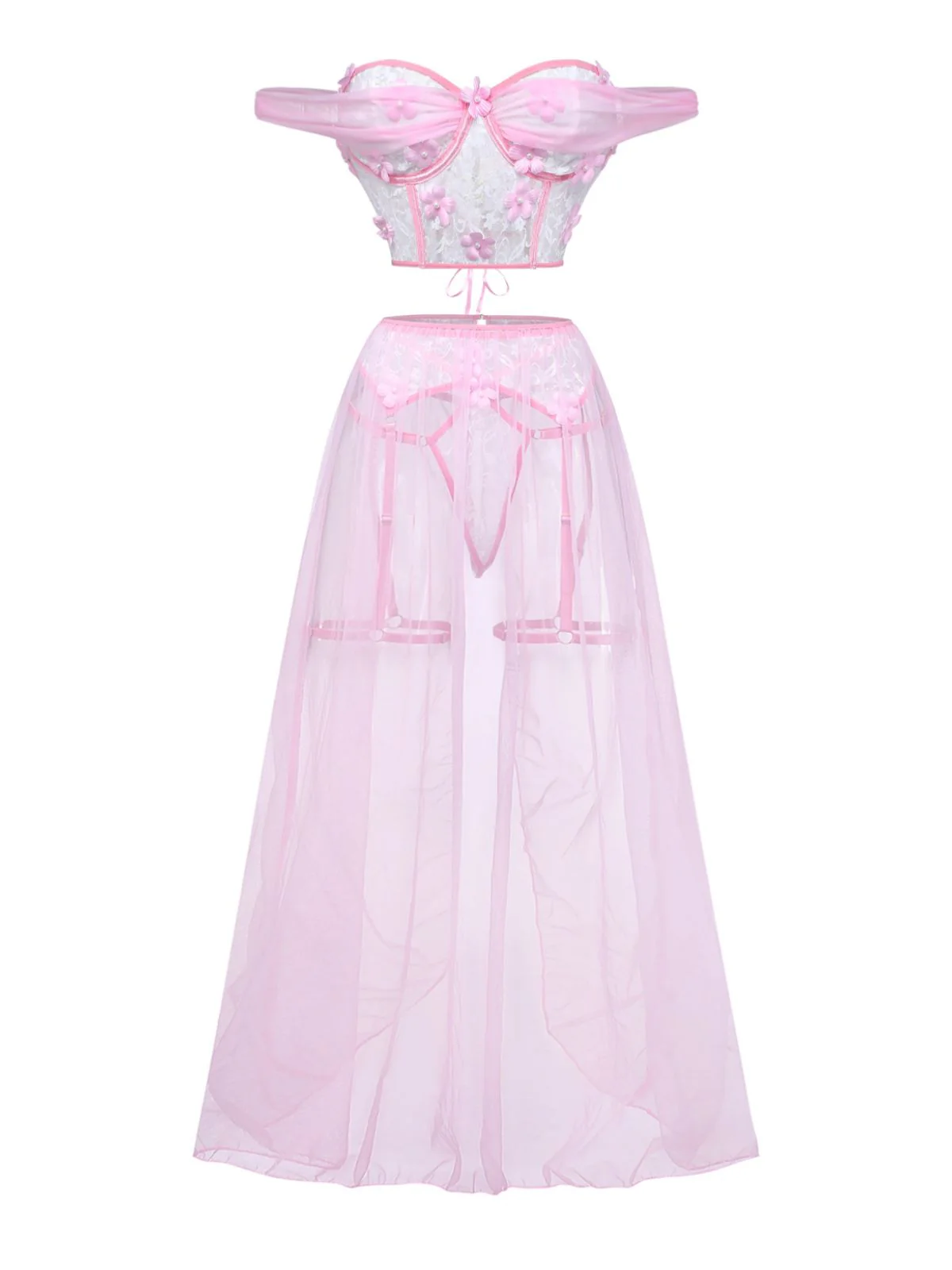 Ensemble de pyjama rose dentelle transparente épaules dénudées et fleurs relief années 60 - Image 2